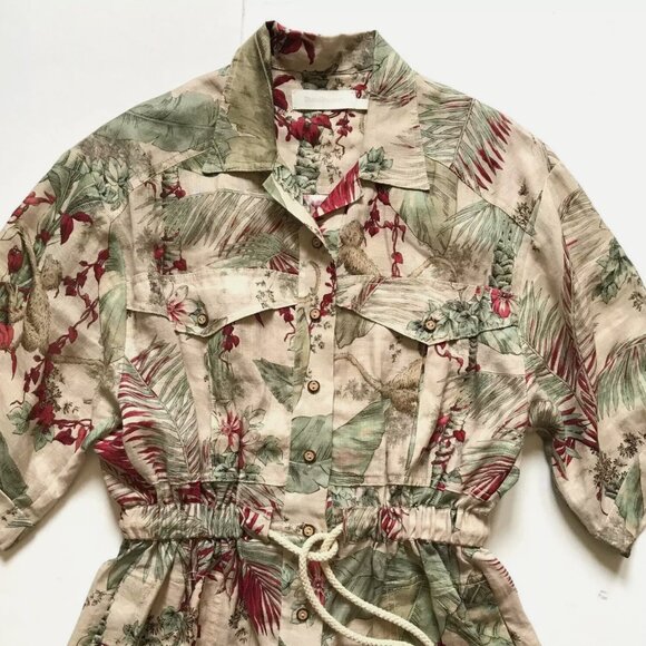 Zimmermann Aliane Floral Romper Womens 1 Small Green Short Sleeve Linen Belted - Picture 5 of 13
